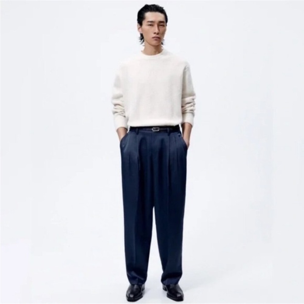 Zara Men’s Pleated Satin Navy Blue Trousers